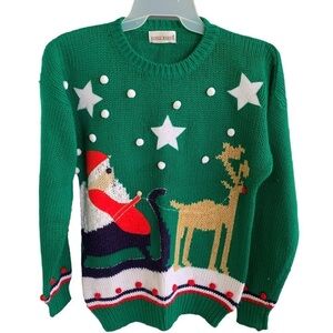 Vintage Christmas Sweater Holiday Crewneck Santa Claus Reindeer Star Adell Barre